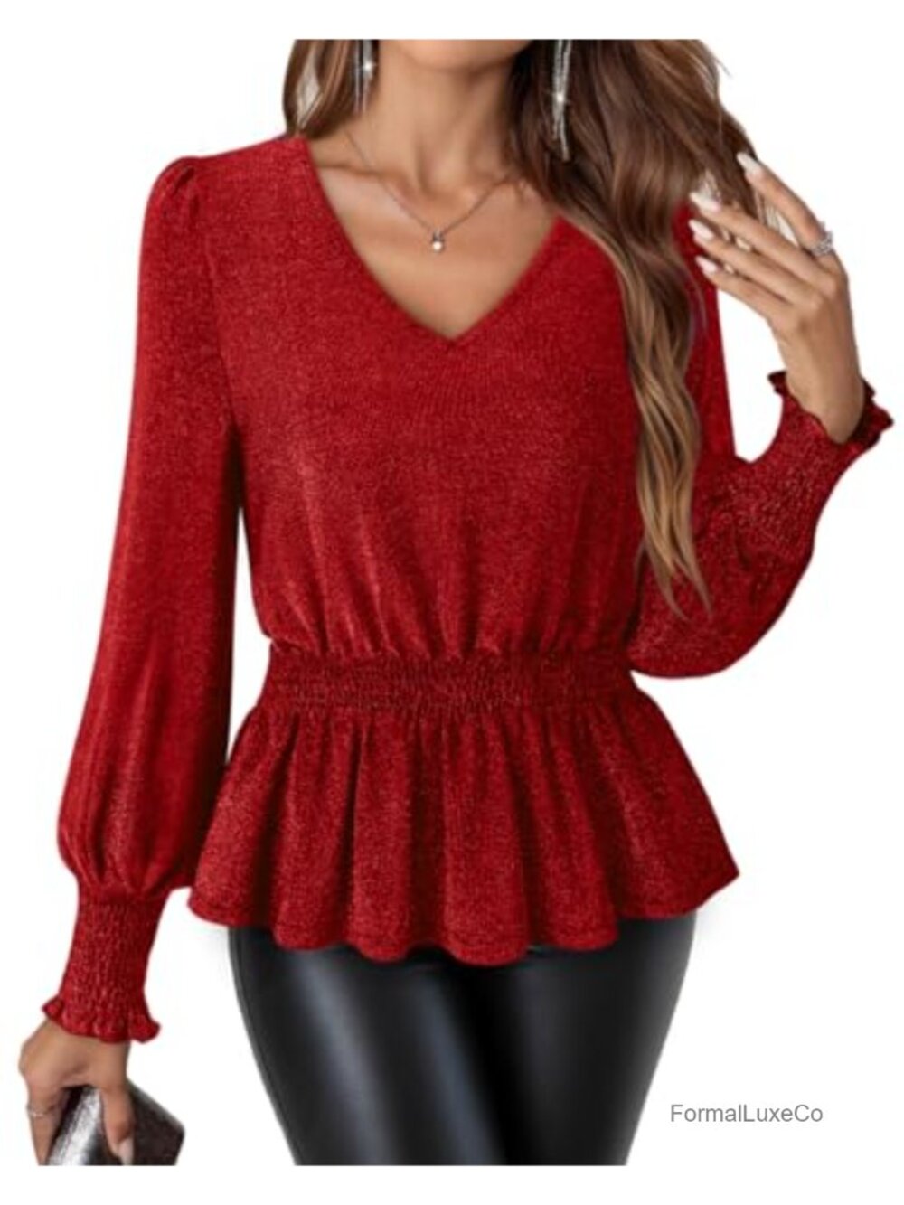 Sparkly Peplum Blouse with Smocked Waist & Puff Sleeves